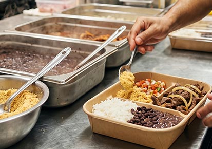 Montagem de refeição na bandeja PAP na cozinha