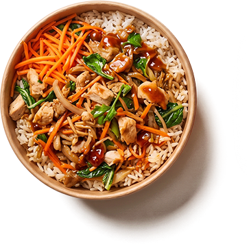 Bowl redondo com arroz, frango e legumes misturados